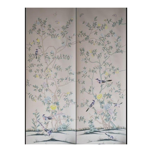 Blush Pink Chinoiserie Mural | 2-Panel Hand-Painted Floral Wallpaper For Sale