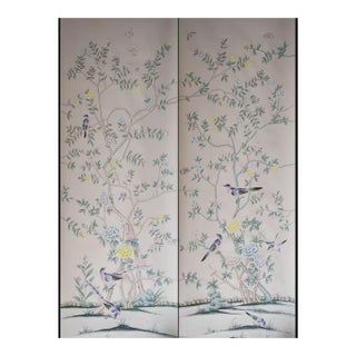 Hand-Painted Blush Pink Chinoiserie Floral & Bird Mural Panels | Luxury Botanical Wall Art Set of 2 For Sale