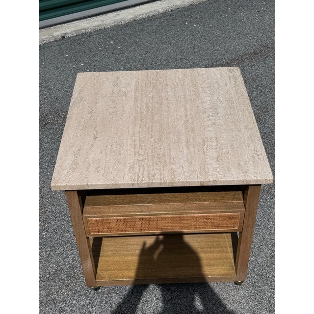 Vintage 1960s Mahogany & Travertine Top Side Table by Harvey Probber. Beautiful bleached mahogany side table with a single...