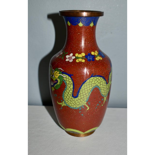 Vintage Pair of Chinese Cloisonné' Dragon Motif Vases For Sale - Image 10 of 12