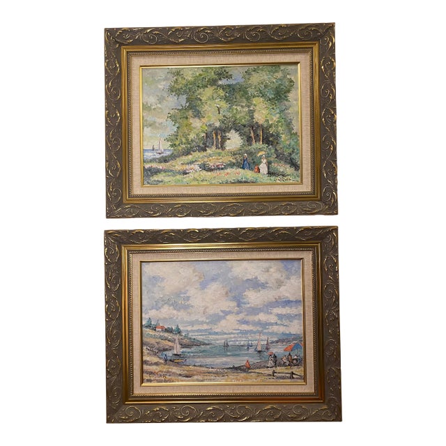 1990s Pair of Impressionist Seaside Paintings Signed Grigah, Framed For Sale