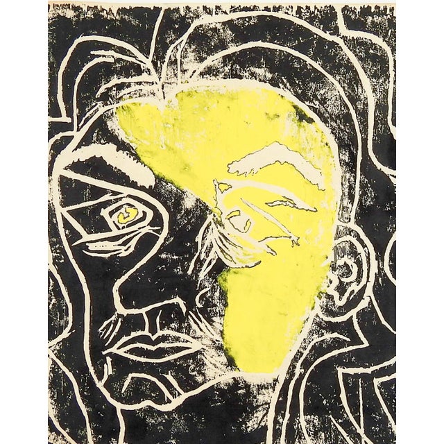 Mid 20th century abstract block print on paper portrait in yellow and black. Unsigned. Unframed, edge wear.