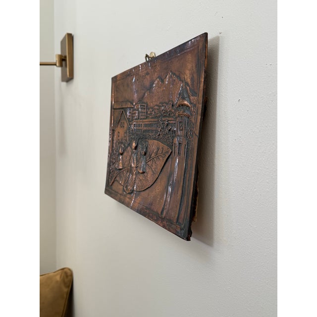 Copper Vintage Rustic European Village Scene Copper Relief Repousse Wall Plaque For Sale - Image 8 of 15