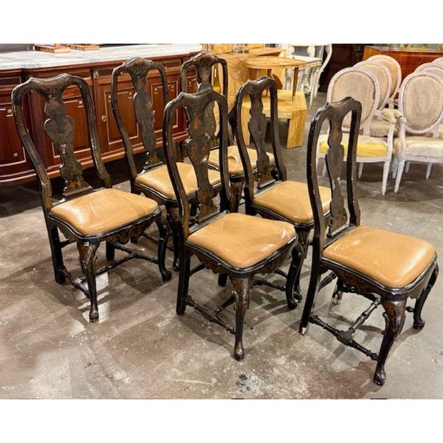 Great set of 6 19th century English chinoiserie side chairs with tan leather seats. Captivating blend of Eastern-inspired...