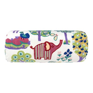 Scalamandre 21" x 7" Nursery Crewel Bolster Pillow in Pastels For Sale