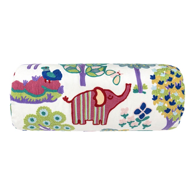 Scalamandre 21" x 7" Nursery Crewel Bolster Pillow in Pastels For Sale
