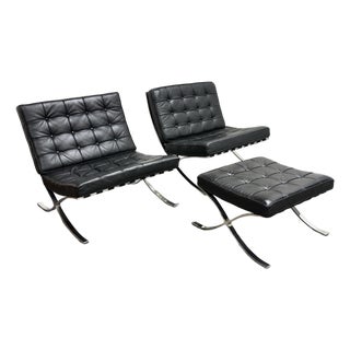 Alphaville Design Exposition Barcelona Style Lounge Chairs + Ottoman, Set of Three For Sale