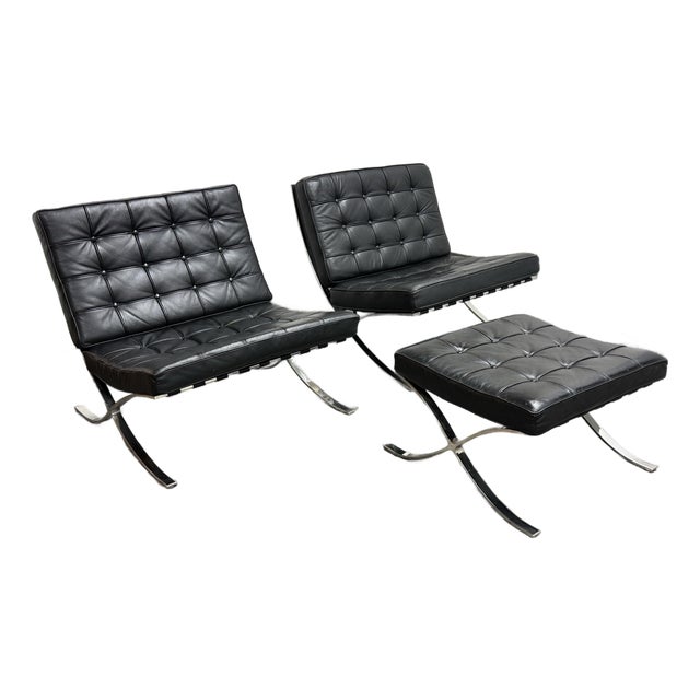 Alphaville Design Exposition Barcelona Style Lounge Chairs + Ottoman, Set of Three For Sale