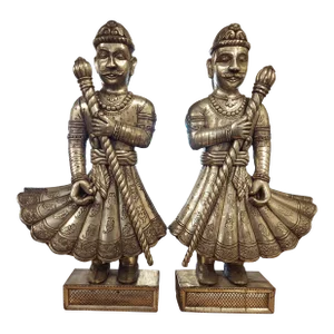 Early 20th Century Vintage Silvered Over Wood Indian Sculptures - Set of 2