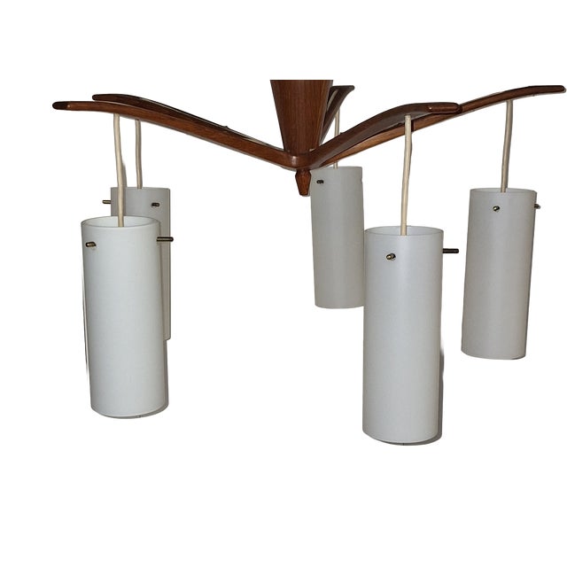 Vintage Mid-Century Danish Five-Light Ceiling Cascade Lamp with Teak Frame and White Satin Glass Shades, 1960s For Sale