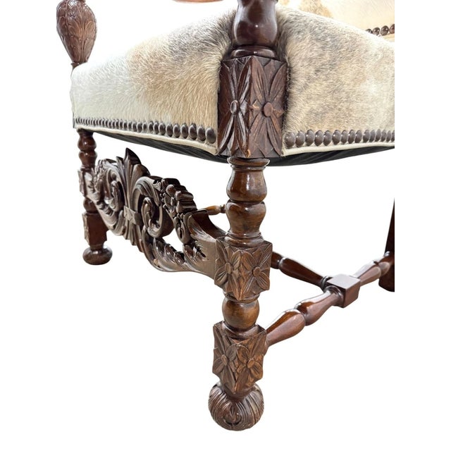 Antique French Baroque Carved Wood Animal Hide Throne Chair For Sale - Image 11 of 17