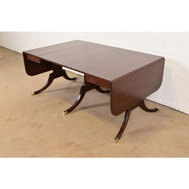 Brown Drexel Regency Carved Mahogany Drop-Leaf Triple Pedestal Extension Dining Table, Newly Refinished For Sale - Image 8 of 17