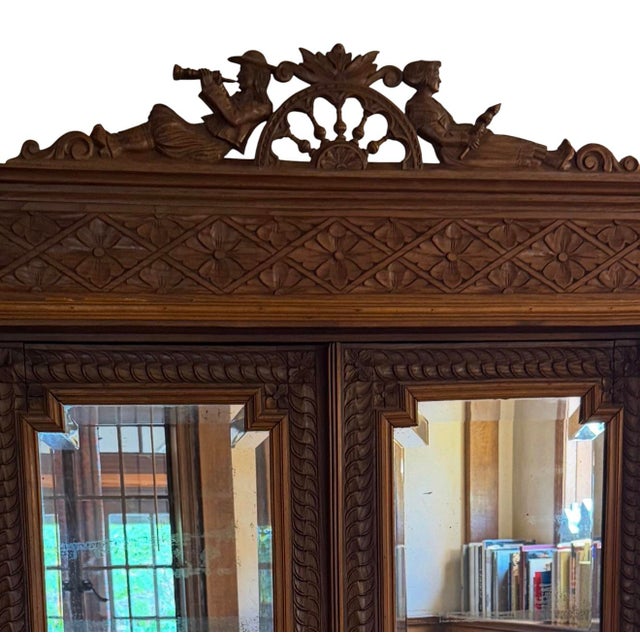 French Antique French Carved Oak Breton Mirrored Armoire Linen Press For Sale - Image 3 of 5