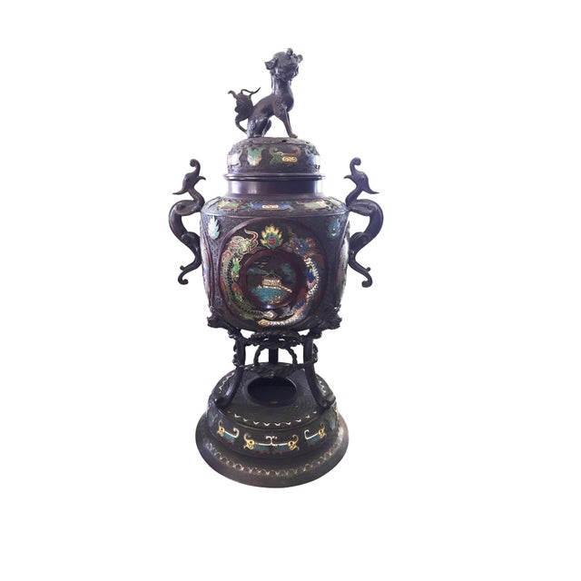 19th Century Superb 19th C Chinoiserie Enamel Bronze Incense Burner W/Foo Dog 28" H For Sale - Image 5 of 8