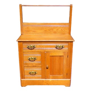 Antique Solid Oak Chest Commode Washstand W/ Towel Bar Country Farmhouse Cabinet For Sale