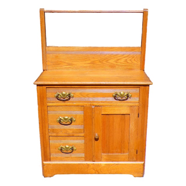 Antique Solid Oak Chest Commode Washstand W/ Towel Bar Country Farmhouse Cabinet For Sale
