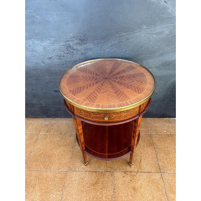 French Louis XVI Style Round Side Table with Marquetry and Drawer, 1930s For Sale - Image 11 of 13