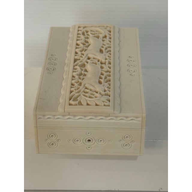 Mid 20th Century Vintage Hand-Carved Bone Overlay Jewelry Box With Deer Motif For Sale - Image 5 of 12