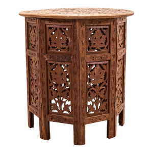 Moorish Style Carved Teak Inlaid Round Tabouret Drink Table