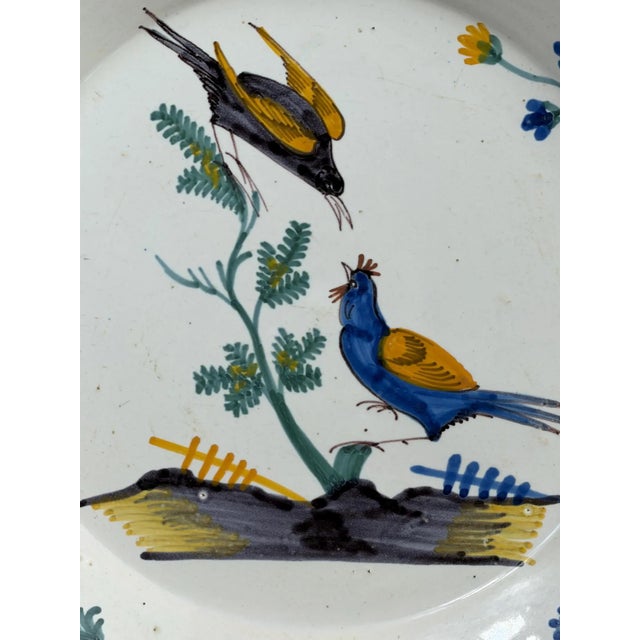 Antique French Nevers Faience Plate with Hand-Painted Birds, 1700s For Sale - Image 5 of 11