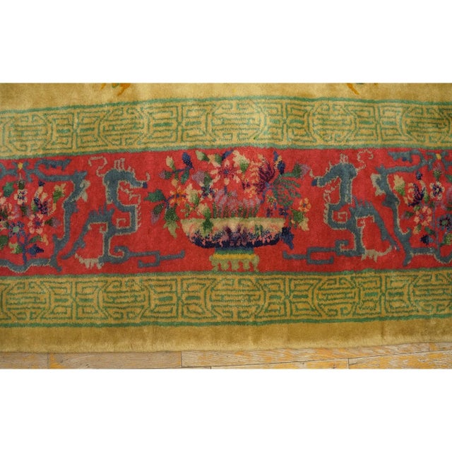 Textile 1920s Soft Yellow Field Antique Vase Floral Shou Symbols Chinese Art Deco Rug For Sale - Image 7 of 9