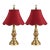 Mid 20th Century Neoclassical Urn Solid Brass Lamps With Deep Red Scalloped Bell Shades - Pair For Sale