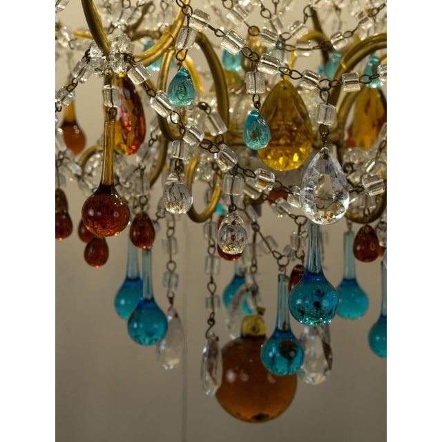 Vintage Florentine 6-Light Chandelier in Gilded Iron with Crystals and Murano Glass Pendants, 1950s For Sale - Image 9 of 14