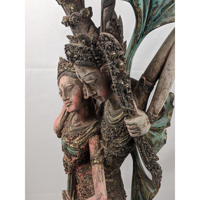 Large Vintage Balinese Polychrome Carved Wood Rama and Sita Sculpture, 32" For Sale - Image 12 of 17