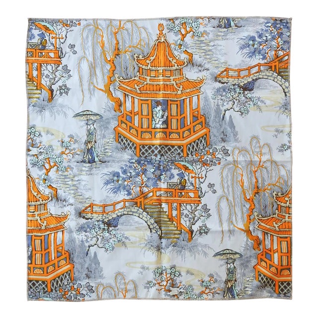 Mid 20th Century Orange Gray Chinoiserie Pagoda Fabric For Sale