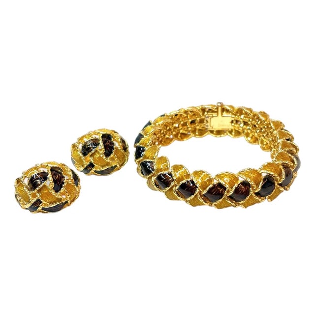Piaget Bracelet and Earrings Set, 18 Karat Yellow Gold and Enamel For Sale