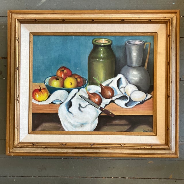 Textile 1970’s Original Vintage Still Life With Fruit & Pots Painting Original Frame Signed For Sale - Image 7 of 7
