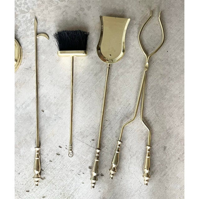 Metal Vintage Solid Polished Brass 5-Piece Fireplace Tool Companion Set For Sale - Image 7 of 11
