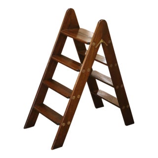 Vintage English Walnut Four-Step Library Ladder With Brass Accents For Sale