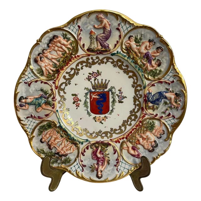Crafted and Decorated Ceramic Plate from Capodimonte, 1800s For Sale