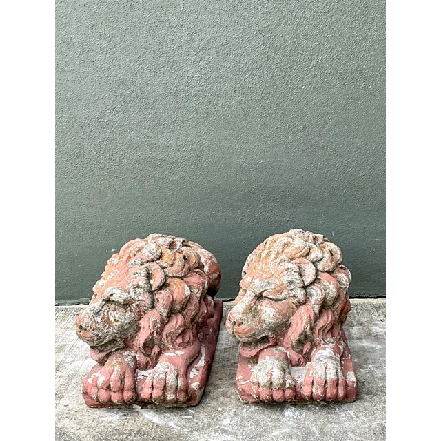 Brick Red Vintage Cast Cement Garden Lion Figures - Pair For Sale - Image 8 of 12