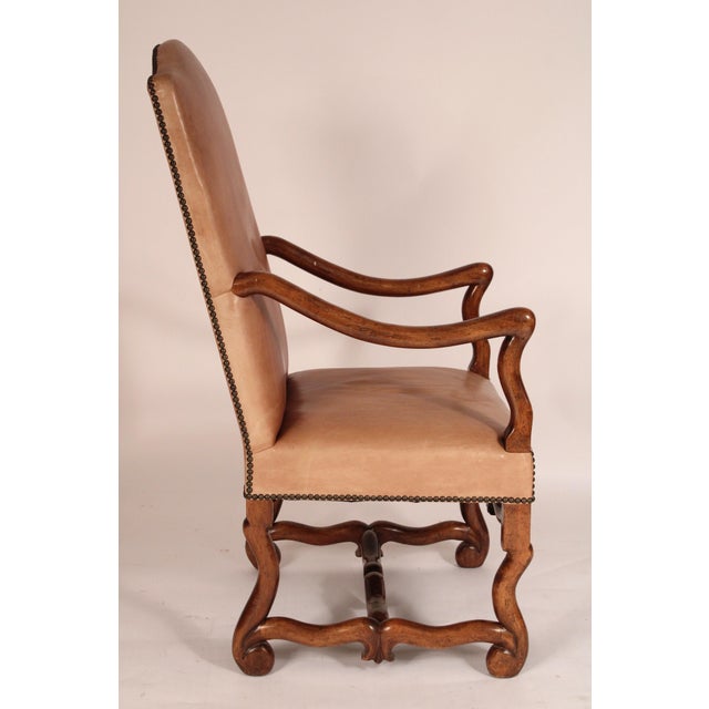 1950s Pair of Louis XIV Style Leather Upholstered Walnut Armchairs For Sale - Image 5 of 11