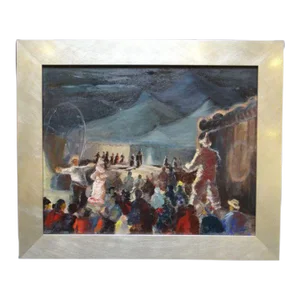 1940s Alfred C. Ybarra Expressionist Figurative Circus Scene Oil Painting on Board