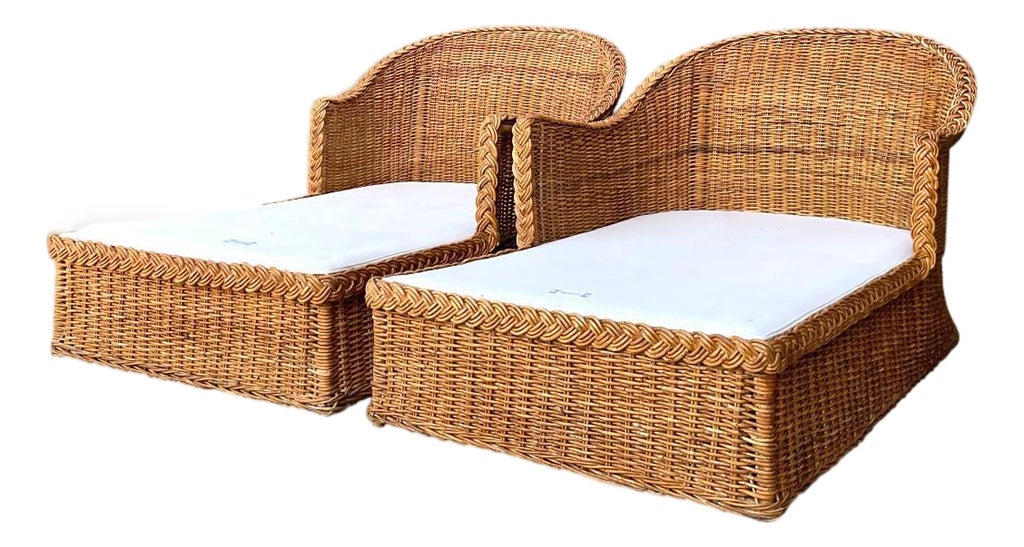 Vintage Braided Rattan Chaise Lounges - Pair