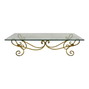 Mid 20th Century Vintage Italian Hollywood Regency Gold Gilt Iron Base Glass Top Coffee Table