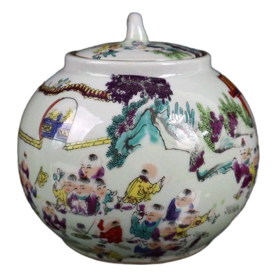 Famille Rose Boys Playing Figural Lidded Ginger Jar, Chinoiserie Porcelain Canister For Sale