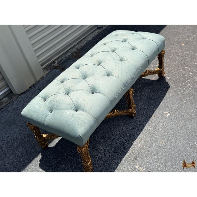 Rococo 1960s Louis XV Style Gilded Bench French Rococo Upholstered Ottoman, Entryway Vanity Seating For Sale - Image 3 of 6