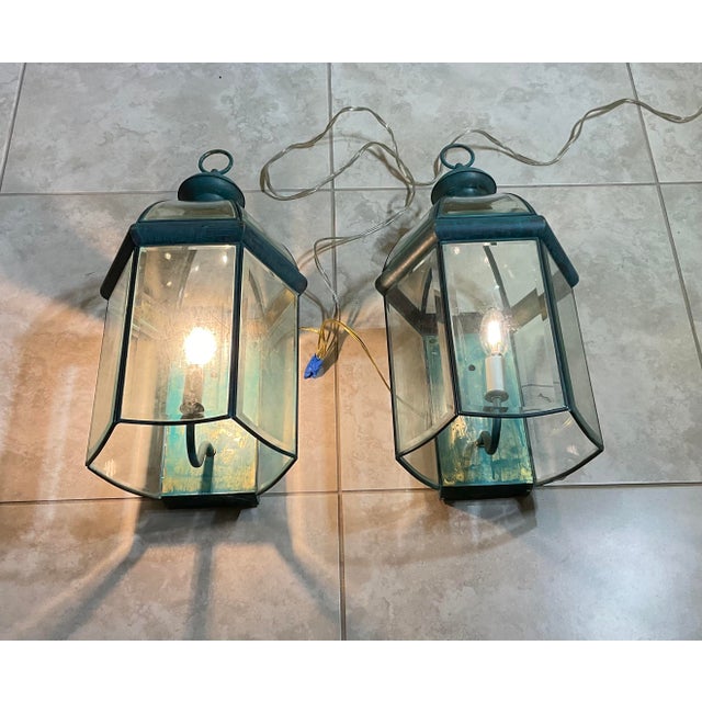 Mid-Century Modern Exquisite Pair of Solid Brass & Verdigris Wall Lanterns For Sale - Image 3 of 17