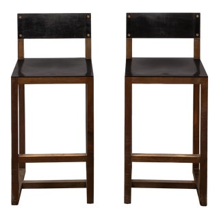 Pair of Bddw Wood & Brown Leather Counter Height Bar Stools For Sale