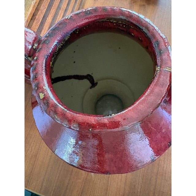 Vintage Red & Cream Studio Pottery Double Handled Vessel For Sale - Image 10 of 11