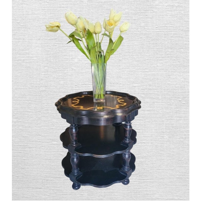 Baker Furniture Company Vintage Scalloped Edge Distressed Solid Wood Round 3 Tiered Burl Wood Inlay Top Baker Style Side Table For Sale - Image 4 of 9