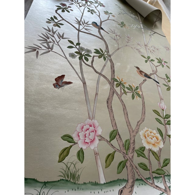 Paper Chinoiserie Hand Painted Wallpaper Mural- 2 Panels For Sale - Image 7 of 8