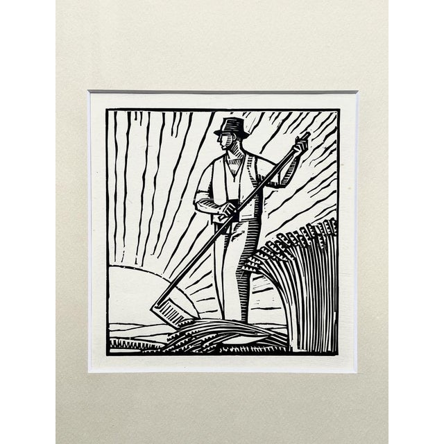 A small Art Deco graphic of a harvester in a field. Made in the longitudinal woodcut technique. Dated to the 1930s. The...