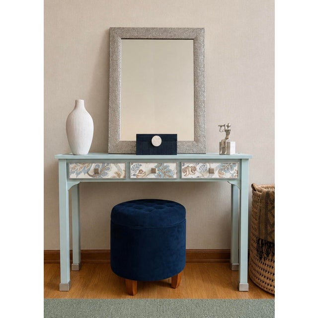 1990s One-of-a-Kind Hand Painted Console Table | Entryway Table | Blue Console | Fabric Drawer Fronts | Cottage Luxe | French Country For Sale - Image 5 of 9