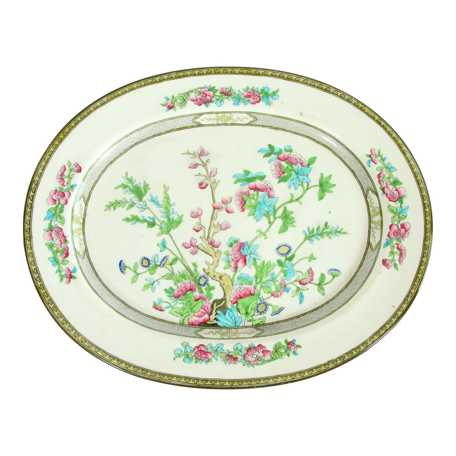 Antique English Chinoiserie 19" Porcelain Serving Platter by Cauldon Indian Tree Design