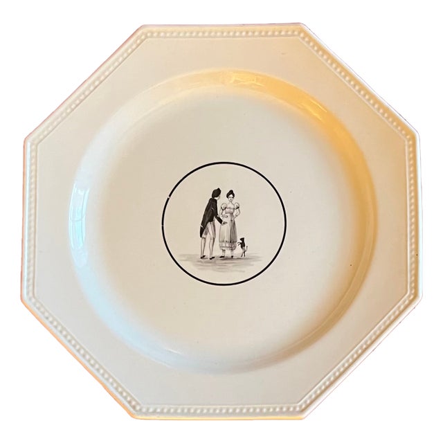 Antique 19th Century French Montereau Creamware Octagonal Plate Decorated With Silhouettes For Sale